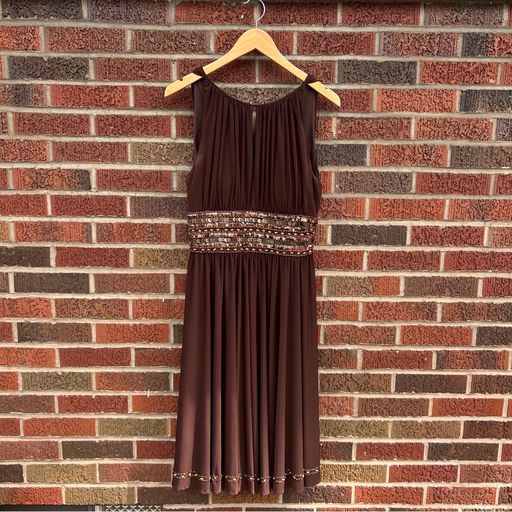 JS Boutique Brown Pleated Embroidered Rhinestone Beaded Halter Cocktail Dress